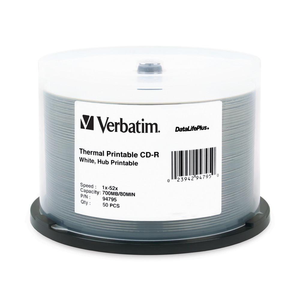 Verbatim DataLifePlus White Thermal Hub Printable 52X CD R 200 Per Box 